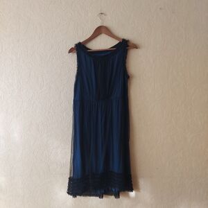Moulinette Soeurs Blue Black Sleeveless Dress Mesh Ruffle Knee Length Sz Medium